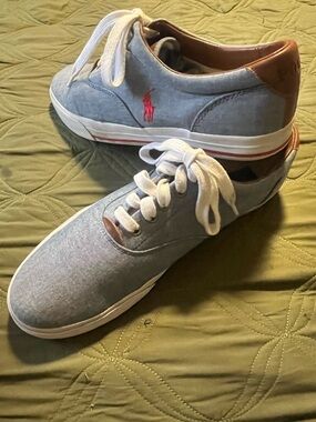 Polo by Ralph Lauren Light Blue Canvas Low-Top Sneakers with Brown Trim